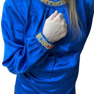 Vintage royal blue satin beaded tunic style cocktail top blouse-10